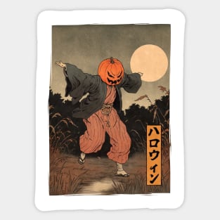 Creepy Horror Halloween Pumpkin Scarecrow Japanese Ukiyo-e Woodblock Print Sticker
